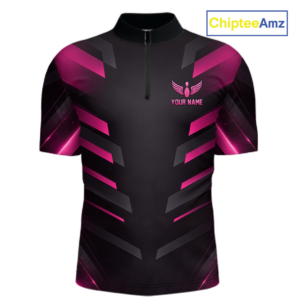 Black and Pink Bowling Polo, Quarter Zip Shirts For Men Custom Team Bowling Jersey, Gift For Bowlers NQS11633