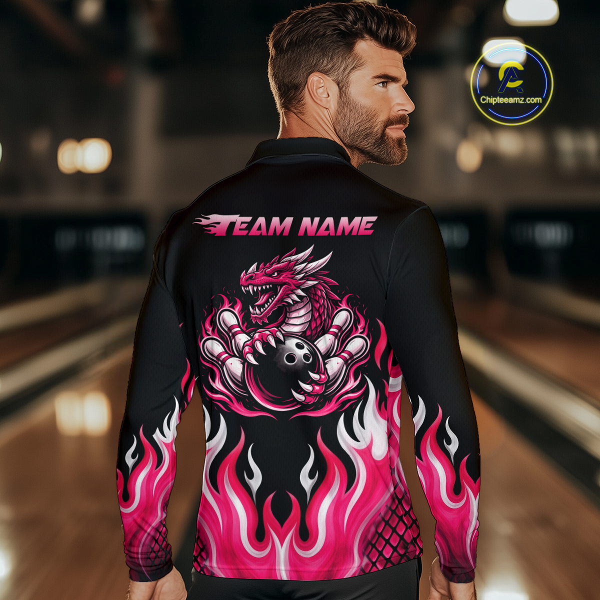 Black and Pink Flame Dragon Bowling Polo, 1/4 Zip Shirts For Men Custom Dragon Bowling Team Jerseys NQS11733
