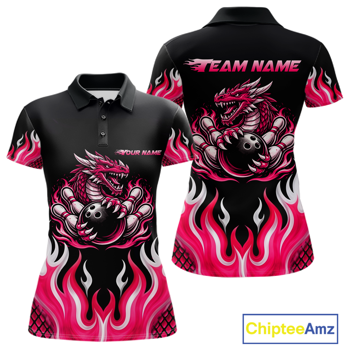 Black and Pink Flame Dragon Bowling Polo, 1/4 Zip Shirts For Women Custom Dragon Bowling Team Jerseys NQS11733