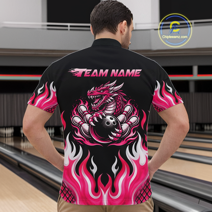 Black and Pink Flame Dragon Bowling Polo, 1/4 Zip Shirts For Men Custom Dragon Bowling Team Jerseys NQS11733