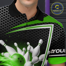 Load image into Gallery viewer, Black and Green Flame Bowling Shirts For Men Custom Team Bowling Jersey, Gift For Bowlers NQS10858