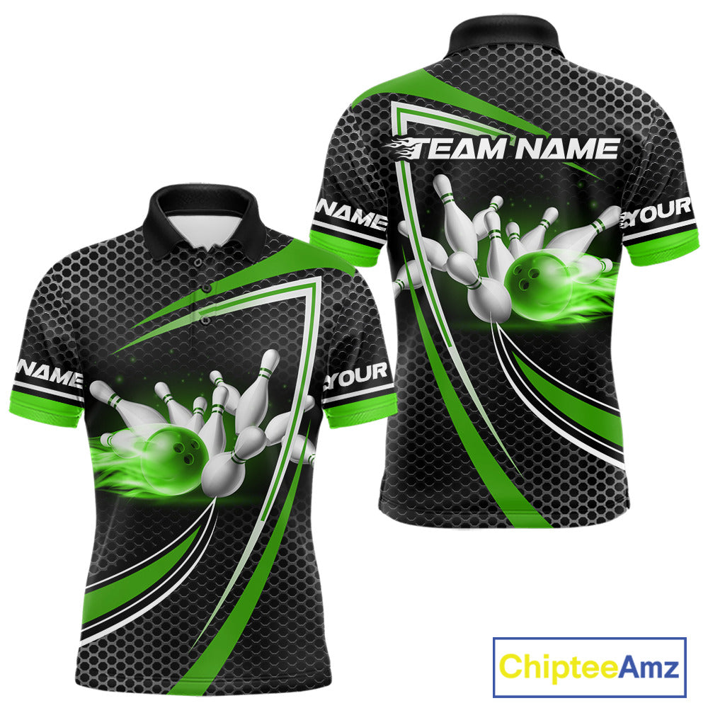 Black and Green Flame Bowling Shirts For Men Custom Team Bowling Jersey, Gift For Bowlers NQS10858