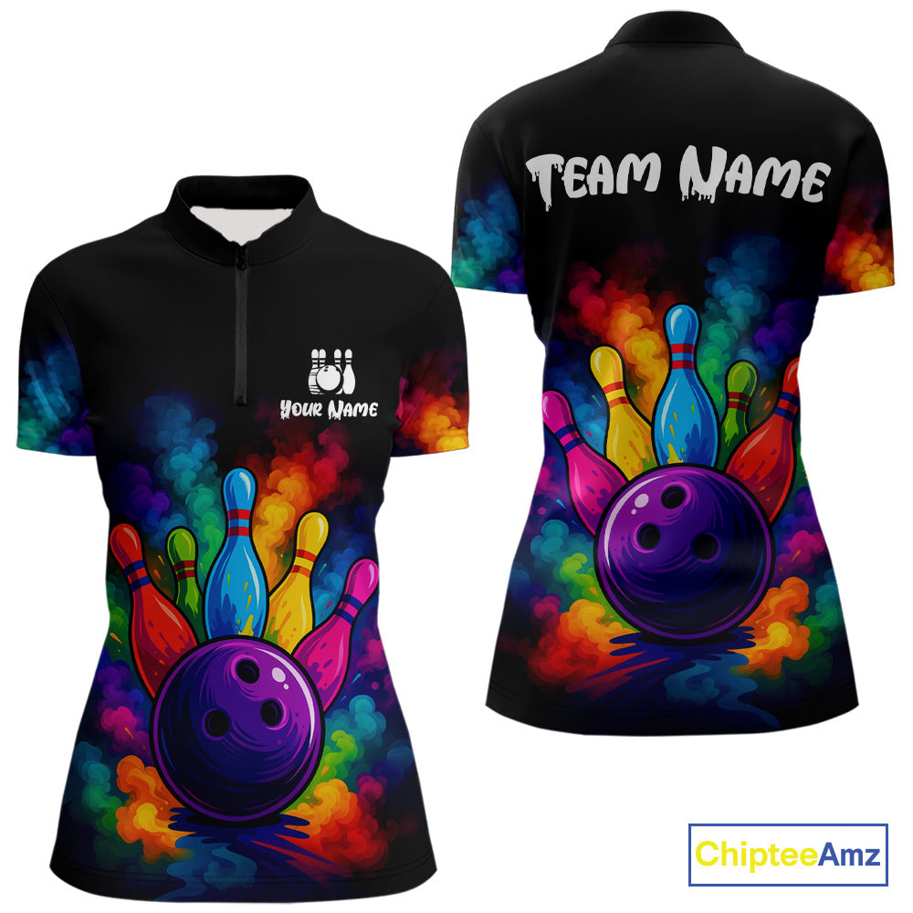 Custom Colorful Smoke Bowling Polo, Quarter Zip Shirt for Women, Bowling Uniform Team Bowling Jerseys NQS10647