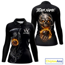 Load image into Gallery viewer, Flame Skull Reaper Bowling Polo, Quarter Zip Shirts For Women Custom Bowling Team Jerseys | Black NQS11745