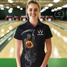 Load image into Gallery viewer, Flame Skull Reaper Bowling Polo, Quarter Zip Shirts For Women Custom Bowling Team Jerseys | Black NQS11745