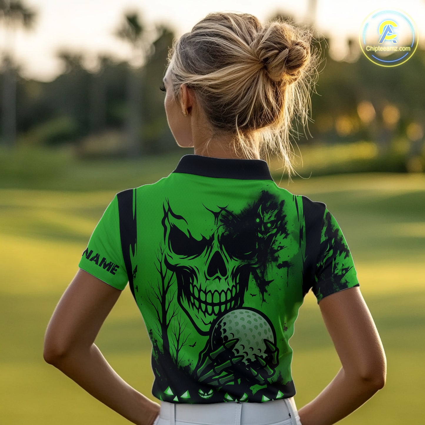 Custom Skull Golf Polo Shirts For Women Halloween Golf Outfits, personalized golf gifts | Green NQS10660