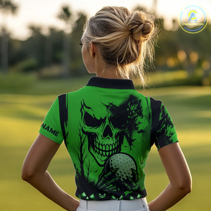 Custom Skull Golf Polo Shirts For Women Halloween Golf Outfits, personalized golf gifts | Green NQS10660