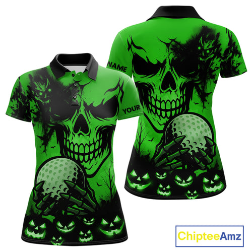 Custom Skull Golf Polo Shirts For Women Halloween Golf Outfits, personalized golf gifts | Green NQS10660