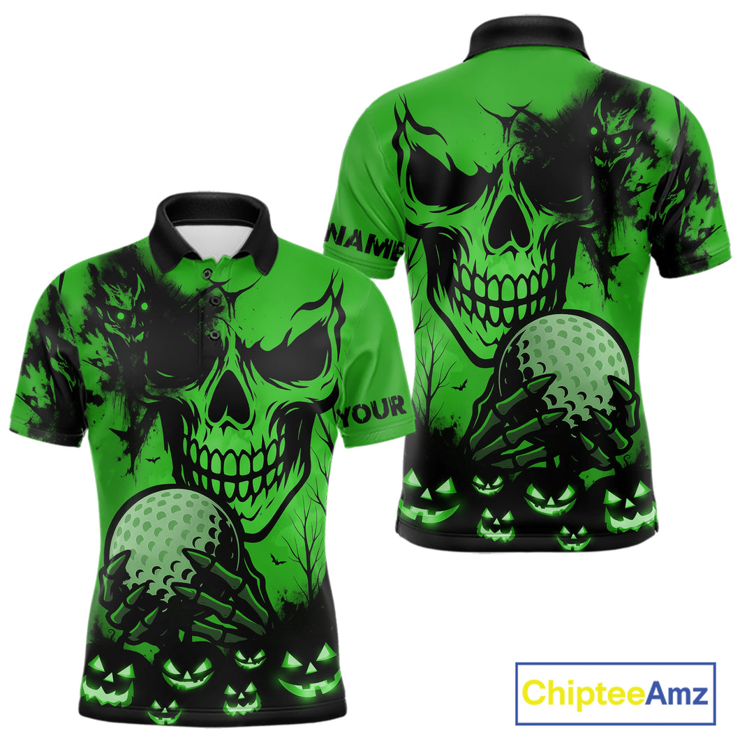Custom Skull Golf Polo Shirts For Men Halloween Golf Outfits, personalized golf gifts | Green NQS10660