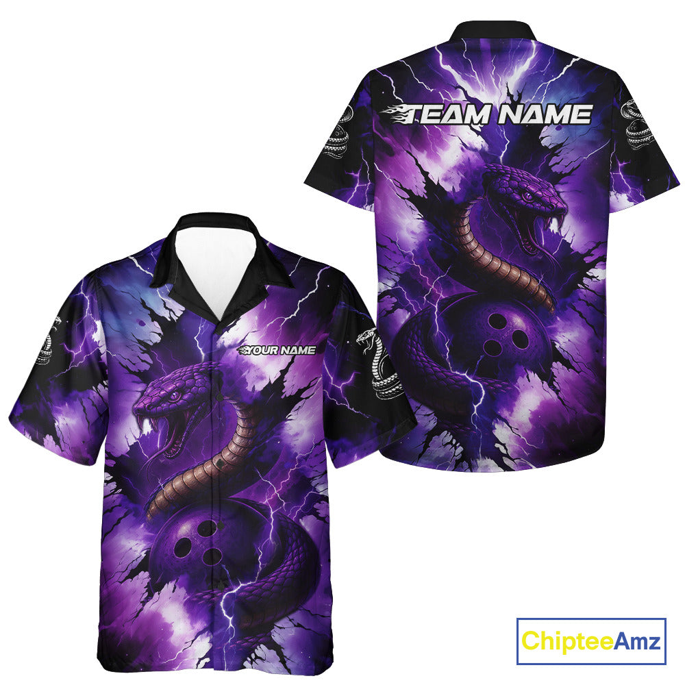 Custom Black And Purple Thunder Lightning Cobra Snake Bowling Hawaiian Shirt For Team NQS10670