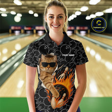 Load image into Gallery viewer, Custom Funny Cat Bowling shirts for women, black camo flame cool bowling uniform for team bowlers NQS11074