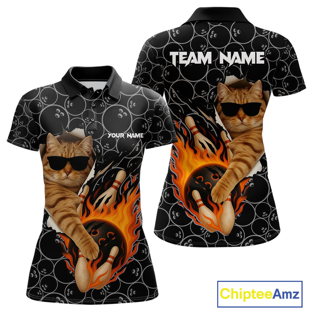 Custom Funny Cat Bowling shirts for women, black camo flame cool bowling uniform for team bowlers NQS11074