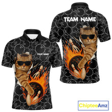 Load image into Gallery viewer, Custom Funny Cat Bowling shirts for men, black camo flame cool bowling uniform for team bowlers NQS11074