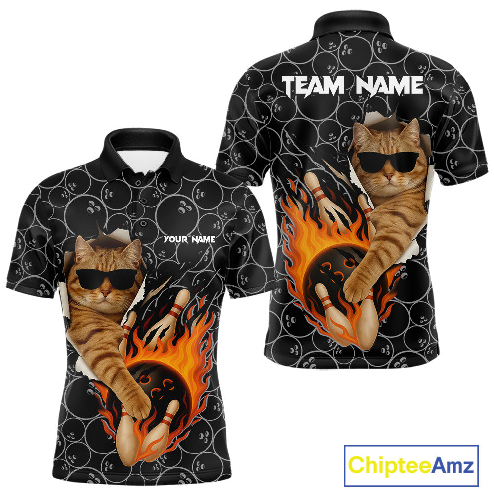 Custom Funny Cat Bowling shirts for men, black camo flame cool bowling uniform for team bowlers NQS11074