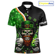 Load image into Gallery viewer, Green shamrock pattern St Patrick Skull Golf and Beer Polo shirts for Men Custom mens golf tops NQS11483