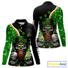 Load image into Gallery viewer, Green shamrock pattern St Patrick Skull Golf and Beer Polo shirts for Women Custom ladies golf tops NQS11483