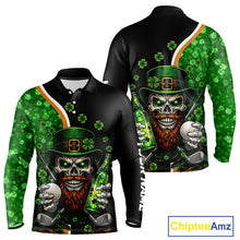 Load image into Gallery viewer, Green shamrock pattern St Patrick Skull Golf and Beer Polo shirts for Men Custom mens golf tops NQS11483
