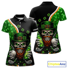 Load image into Gallery viewer, Green shamrock pattern St Patrick Skull Golf and Beer Polo shirts for Women Custom ladies golf tops NQS11483