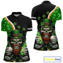 Load image into Gallery viewer, Green shamrock pattern St Patrick Skull Golf and Beer Polo shirts for Women Custom ladies golf tops NQS11483
