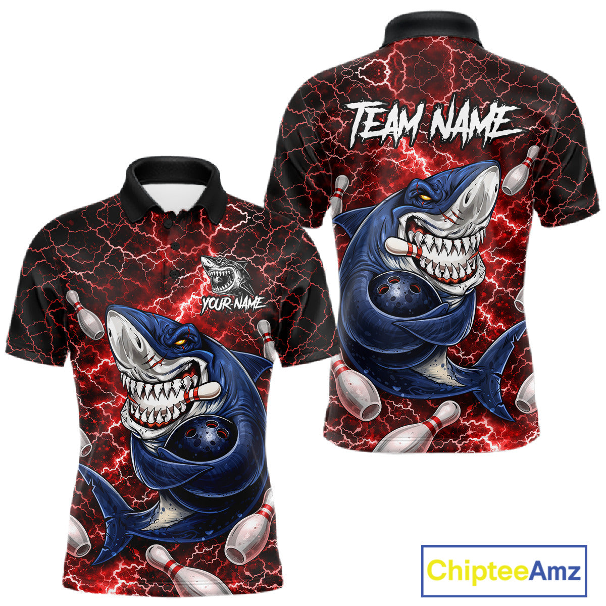 Red Lightning Thunder Angry Shark Bowling shirts For Men Custom Shark Bowling Team Jerseys NQS11756