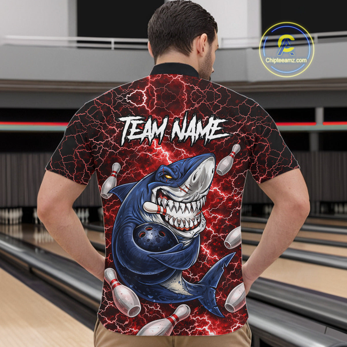 Red Lightning Thunder Angry Shark Bowling shirts For Men Custom Shark Bowling Team Jerseys NQS11756