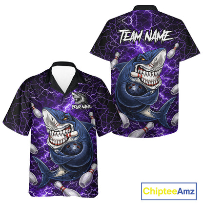 Purple Lightning Thunder Angry Shark Bowling button-up shirts Custom Shark Hawaiian Bowling Jersey NQS11757