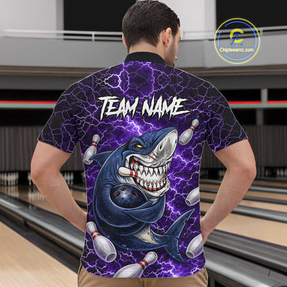 Purple Lightning Thunder Angry Shark Bowling shirts For Men Custom Shark Bowling Team Jerseys NQS11757