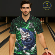 Load image into Gallery viewer, Green Lightning Thunder Angry Shark Bowling button-up shirts Custom Shark Hawaiian Bowling Jersey NQS11758
