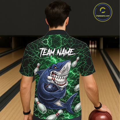 Green Lightning Thunder Angry Shark Bowling button-up shirts Custom Shark Hawaiian Bowling Jersey NQS11758