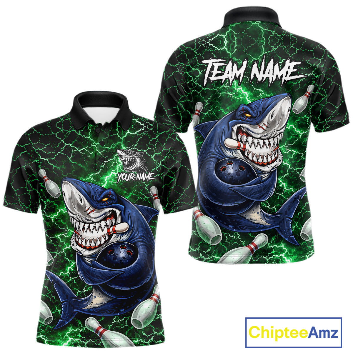 Green Lightning Thunder Angry Shark Bowling shirts For Men Custom Shark Bowling Team Jerseys NQS11758
