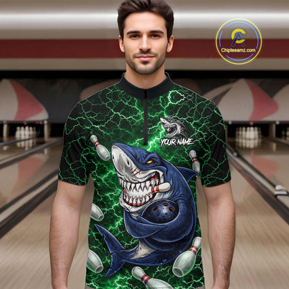 Green Lightning Thunder Angry Shark Bowling shirts For Men Custom Shark Bowling Team Jerseys NQS11758
