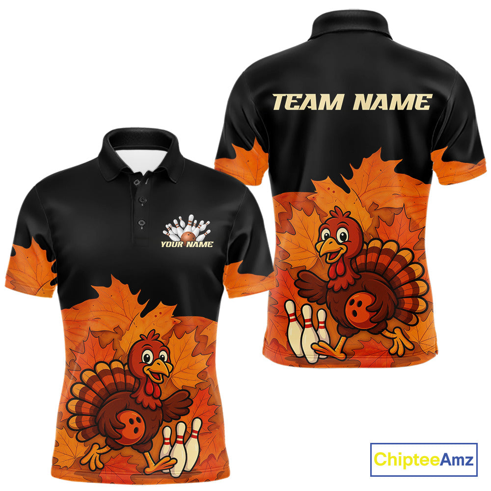 Black and Orange Autumn Leaf Custom Turkey Bowling Shirts For Men, Thanksgiving Bowling Team Jerseys NQS10699