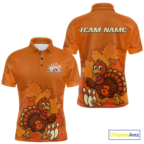 Orange Autumn pattern Custom Turkey Bowling Shirts For Men, Thanksgiving Bowling Team Jerseys NQS10698