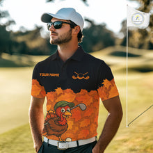 Load image into Gallery viewer, Black and Orange Autumn Leaf Custom Turkey Golf Polo Shirt For Men, Thanksgiving Golf Attire NQS10700