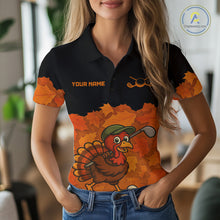 Load image into Gallery viewer, Black and Orange Autumn Leaf Custom Turkey Golf Polo Shirt For Women, Thanksgiving Golf Attire NQS10700