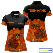 Load image into Gallery viewer, Black and Orange Autumn Leaf Custom Turkey Golf Polo Shirt For Women, Thanksgiving Golf Attire NQS10700