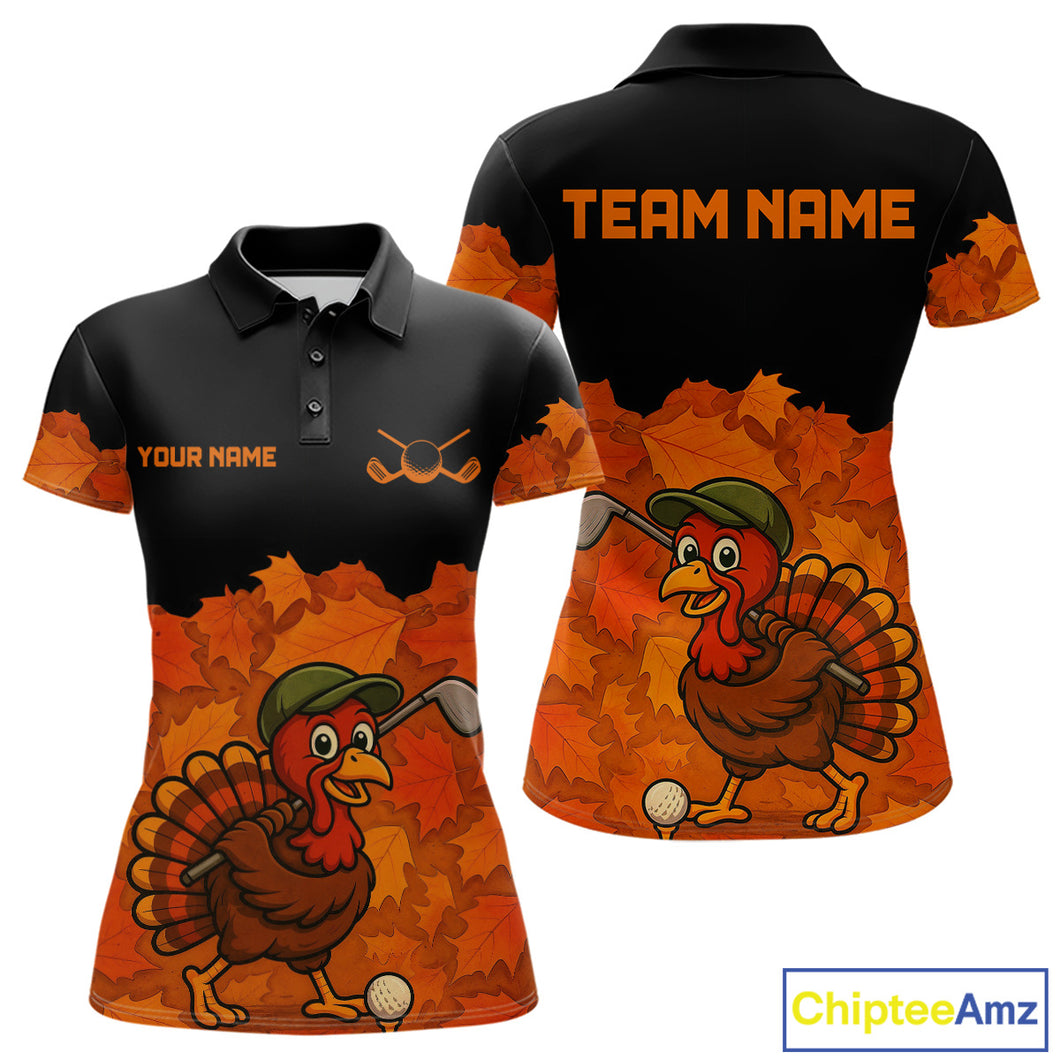 Black and Orange Autumn Leaf Custom Turkey Golf Polo Shirt For Women, Thanksgiving Golf Attire NQS10700