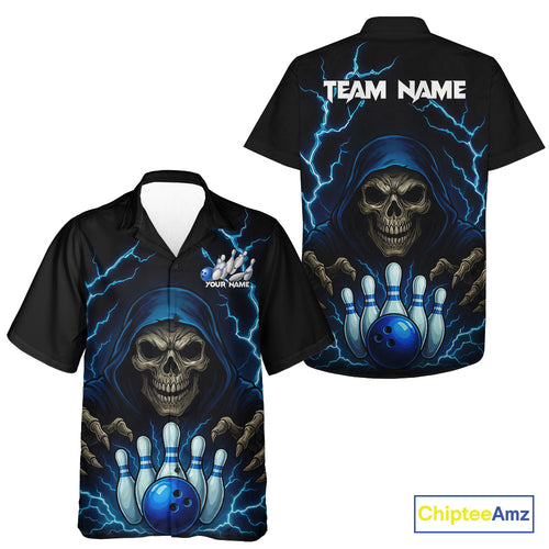 Black & Blue Lightning Thunder Reaper Skull Bowling Hawaiian shirt Custom Bowling Team League Jersey NQS10728