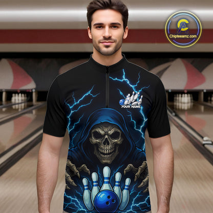 Black and Blue Lightning Thunder Reaper Skull Bowling Shirt For Men Custom Bowling Team League Jersey NQS10728