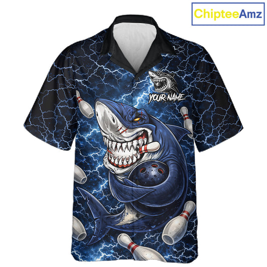 Blue Lightning Thunder Angry Shark Bowling button-up shirts Custom Shark Hawaiian Bowling Team Jersey NQS11539