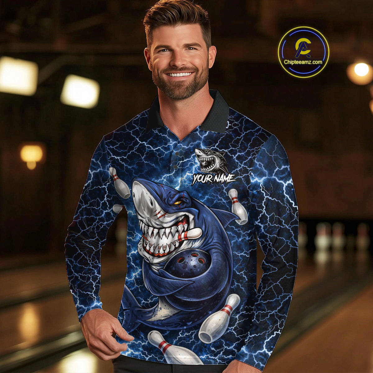 Blue Lightning Thunder Angry Shark Bowling shirts For Men Custom Shark Bowling Team Jerseys NQS11539