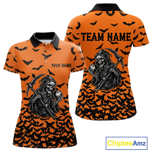 Black and Orange Bats Halloween Skull Reaper Bowling Shirts For Women Custom Bowling Team Jerseys NQS10755