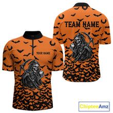 Load image into Gallery viewer, Black and Orange Bats Halloween Skull Reaper Bowling Shirts For Men Custom Bowling Team Jerseys NQS10755