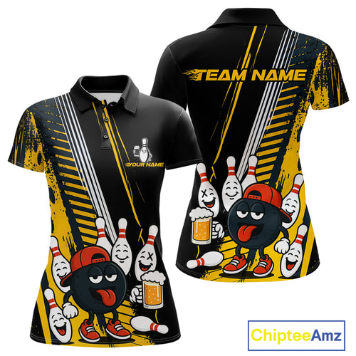 Custom Black and Yellow Funny Bowling And Beer Team Bowling Shirts ladies, bowling outfits for women NQS10965