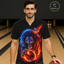 Load image into Gallery viewer, Red and Blue Flame Lion Bowling Hawaiian Shirt Custom Fire Lion Team Bowling Button Up shirt NQS11347