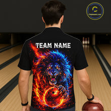 Load image into Gallery viewer, Red and Blue Flame Lion Bowling Hawaiian Shirt Custom Fire Lion Team Bowling Button Up shirt NQS11347