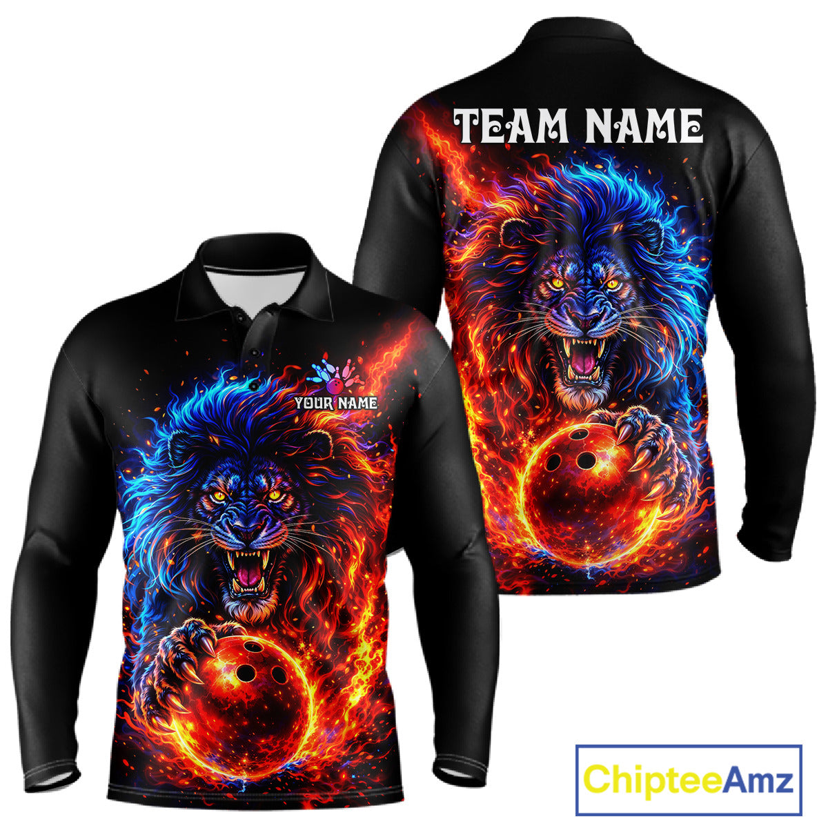 Red and Blue Flame Lion Bowling Shirts For Men Custom Fire Lion Team Bowling jersey NQS11347