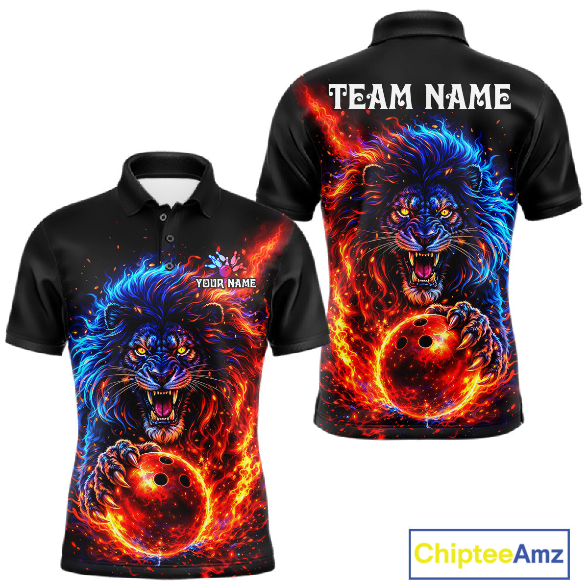 Red and Blue Flame Lion Bowling Shirts For Men Custom Fire Lion Team Bowling jersey NQS11347