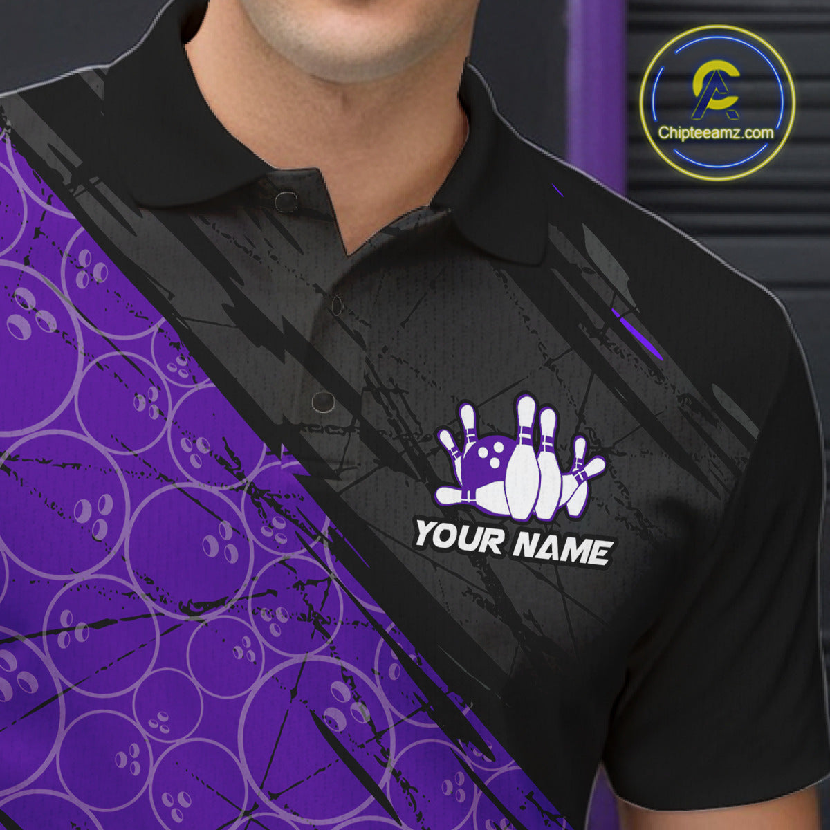 Black and Purple Bowling Camo Polo, 1/4 Zip Shirts for Men Custom Bowling Team League Jerseys NQS11700