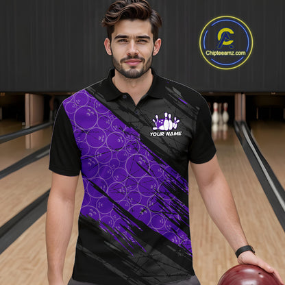 Black and Purple Bowling Camo Polo, 1/4 Zip Shirts for Men Custom Bowling Team League Jerseys NQS11700